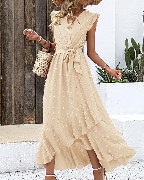 Belinda Maxi Dress | Textured Fabric V-Neck Summer Dress with Ruffles and Waist Tie
