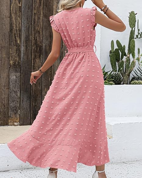 Belinda Maxi Dress | Textured Fabric V-Neck Summer Dress with Ruffles and Waist Tie