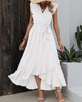 Belinda Maxi Dress | Textured Fabric V-Neck Summer Dress with Ruffles and Waist Tie