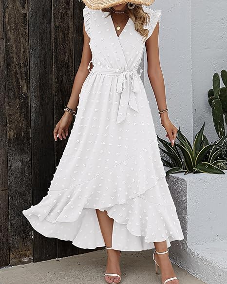Belinda Maxi Dress | Textured Fabric V-Neck Summer Dress with Ruffles and Waist Tie