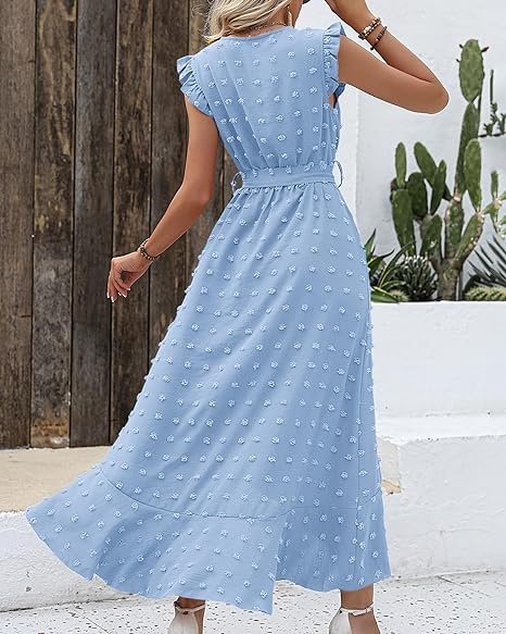 Belinda Maxi Dress | Textured Fabric V-Neck Summer Dress with Ruffles and Waist Tie