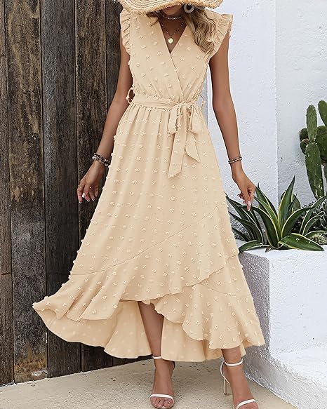 Belinda Maxi Dress | Textured Fabric V-Neck Summer Dress with Ruffles and Waist Tie