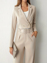 Alina Blazer and Trousers Set | Elegant Beige Lapel Blazer & Straight Leg Trousers