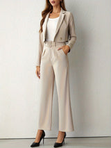 Alina Blazer and Trousers Set | Elegant Beige Lapel Blazer & Straight Leg Trousers