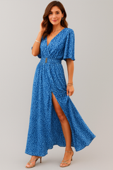 Cydria Maxi Dress | Red V-Neck Short Sleeve Wrap Dress with Belt and Slit
