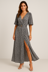 Cydria Maxi Dress | Red V-Neck Short Sleeve Wrap Dress with Belt and Slit