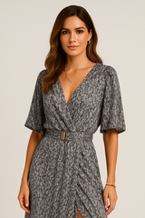 Cydria Maxi Dress | Red V-Neck Short Sleeve Wrap Dress with Belt and Slit