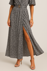 Cydria Maxi Dress | Red V-Neck Short Sleeve Wrap Dress with Belt and Slit