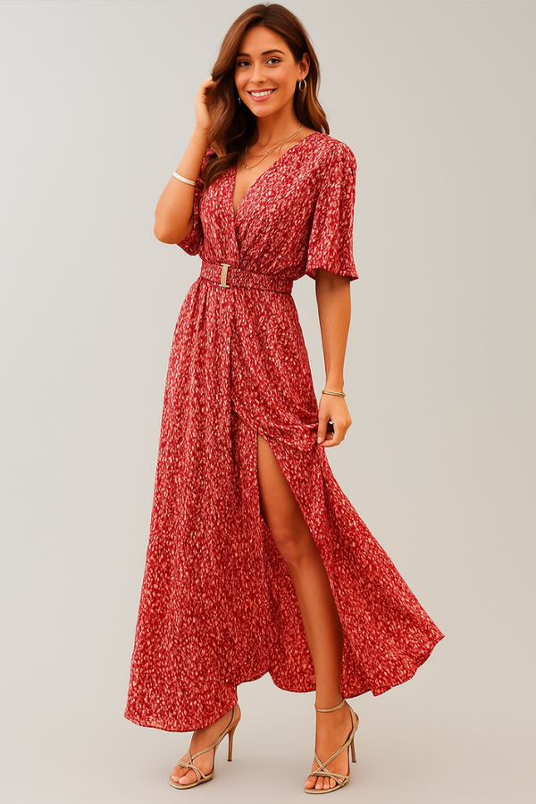 Cydria Maxi Dress | Red V-Neck Short Sleeve Wrap Dress with Belt and Slit