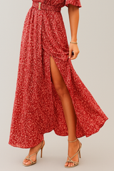 Cydria Maxi Dress | Red V-Neck Short Sleeve Wrap Dress with Belt and Slit