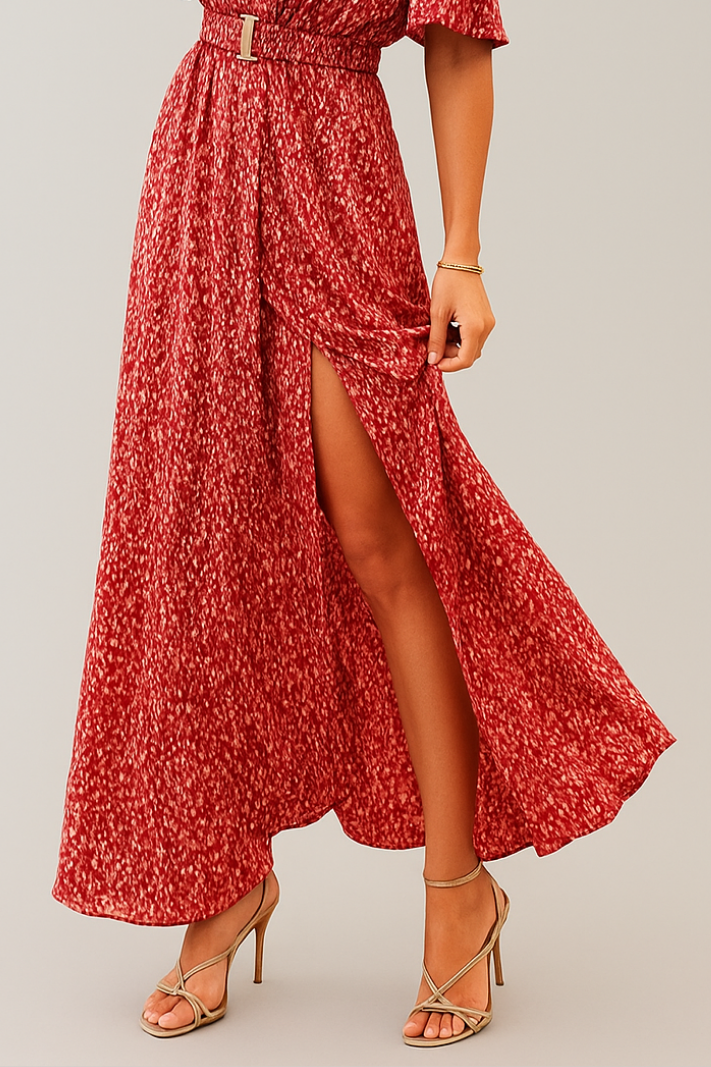 Cydria Maxi Dress | Red V-Neck Short Sleeve Wrap Dress with Belt and Slit