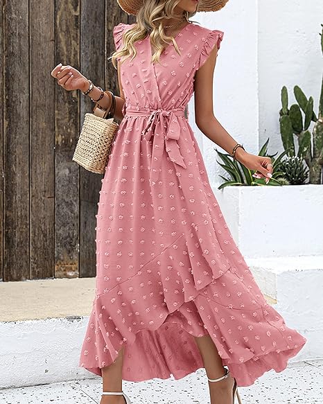 Belinda Maxi Dress | Textured Fabric V-Neck Summer Dress with Ruffles and Waist Tie