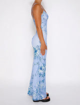 Curienna Maxi Dress | Light Blue Floral Bodycon Dress with Spaghetti Straps for Women