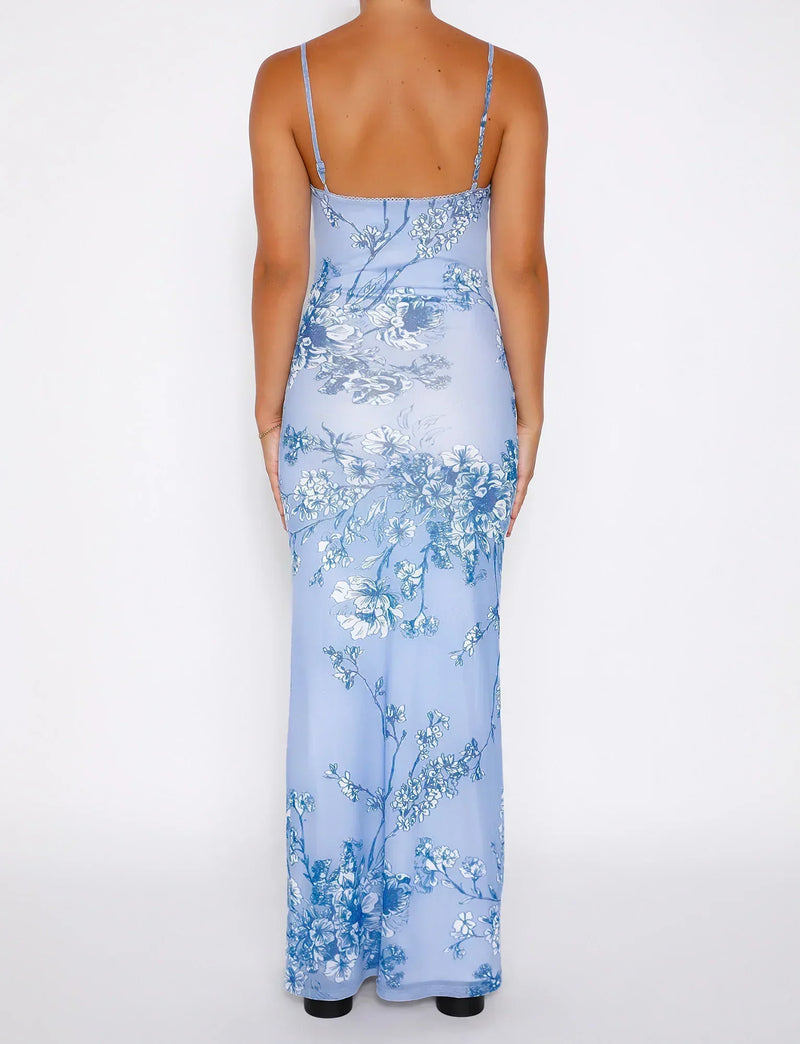Curienna Maxi Dress | Light Blue Floral Bodycon Dress with Spaghetti Straps for Women