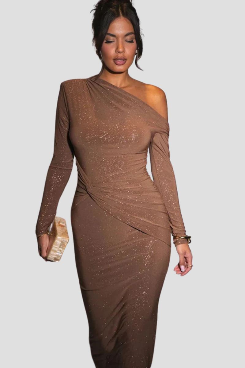 Ceyana Evening Dress | One-Shoulder Black Glitter Bodycon Dress