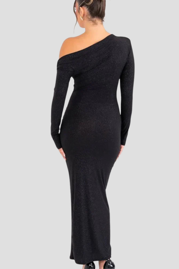 Ceyana Evening Dress | One-Shoulder Black Glitter Bodycon Dress
