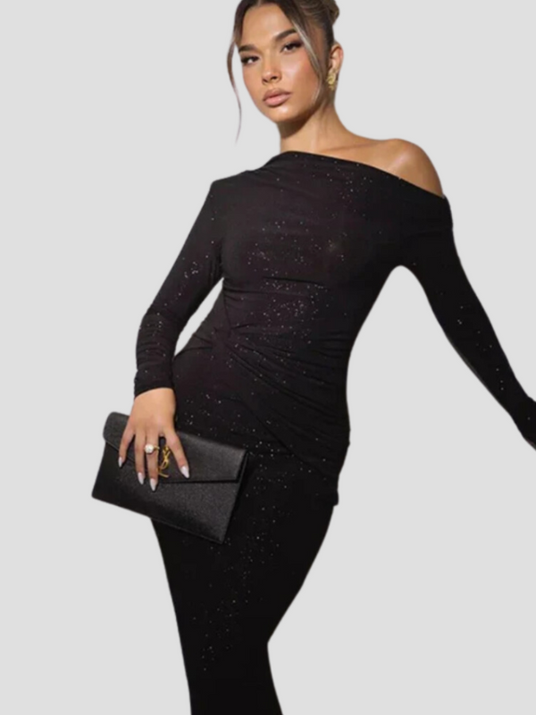Ceyana Evening Dress | One-Shoulder Black Glitter Bodycon Dress