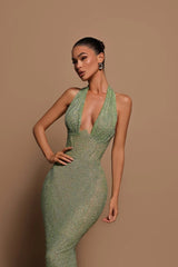 Curina Evening Dress | Green Sequin Halter Neck Bodycon Gown with Deep V-Neck