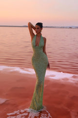 Curina Evening Dress | Green Sequin Halter Neck Bodycon Gown with Deep V-Neck