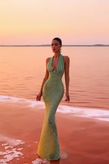 Curina Evening Dress | Green Sequin Halter Neck Bodycon Gown with Deep V-Neck