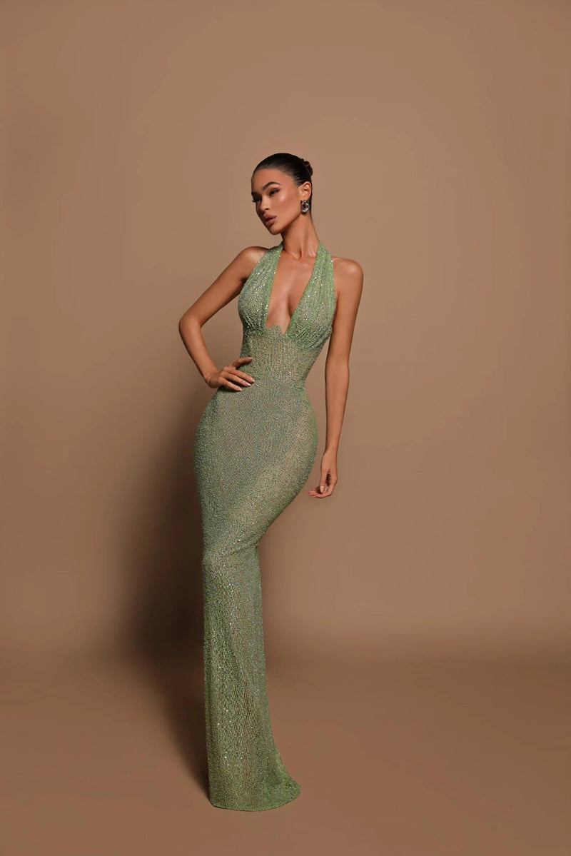 Curina Evening Dress | Green Sequin Halter Neck Bodycon Gown with Deep V-Neck