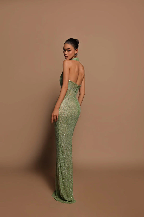 Curina Evening Dress | Green Sequin Halter Neck Bodycon Gown with Deep V-Neck