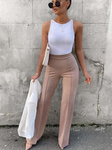 Cyenira Trousers | High-Waisted Beige Flared Pants with Front Seam Detail