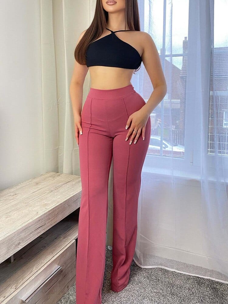 Cyenira Trousers | High-Waisted Beige Flared Pants with Front Seam Detail