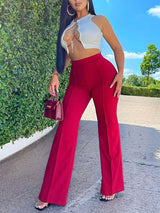 Cyenira Trousers | High-Waisted Beige Flared Pants with Front Seam Detail