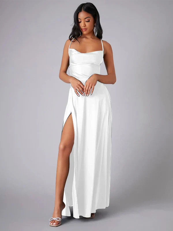 Dacirae Dress | Satin Slit Maxi Dress with Draped Neckline and Spaghetti Straps