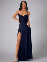 Dacirae Dress | Satin Slit Maxi Dress with Draped Neckline and Spaghetti Straps