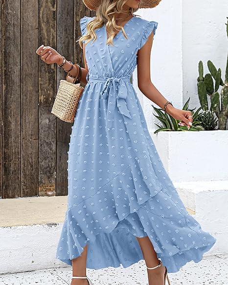 Belinda Maxi Dress | Textured Fabric V-Neck Summer Dress with Ruffles and Waist Tie