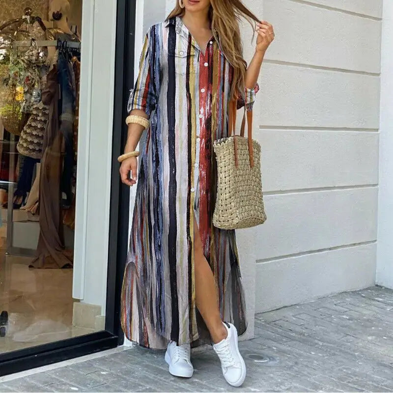 Basmine Denim Dress | Long Relaxed-Fit Maxi Shirt Dress for Women