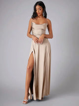 Dacirae Dress | Satin Slit Maxi Dress with Draped Neckline and Spaghetti Straps