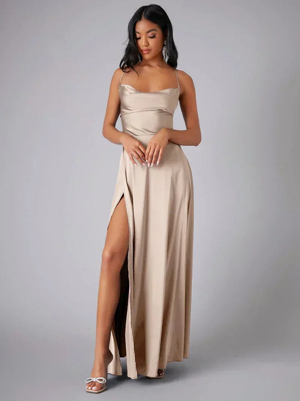 Dacirae Dress | Satin Slit Maxi Dress with Draped Neckline and Spaghetti Straps