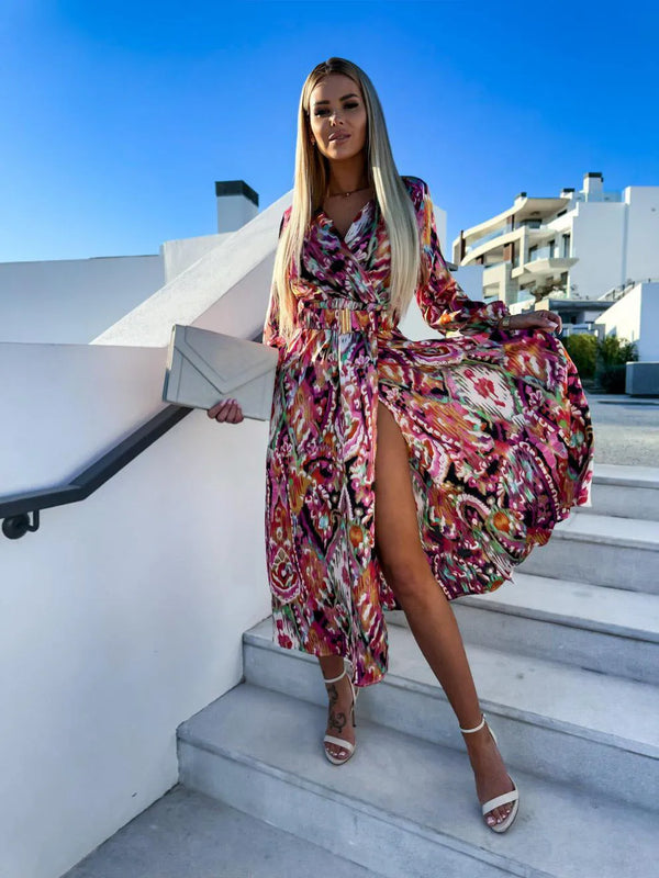Beloura Evening Dress | Elegant High-Slit Dress with Waist Belt for Women