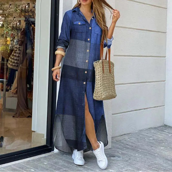 Basmine Denim Dress | Long Relaxed-Fit Maxi Shirt Dress for Women