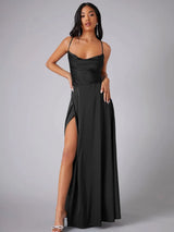 Dacirae Dress | Satin Slit Maxi Dress with Draped Neckline and Spaghetti Straps