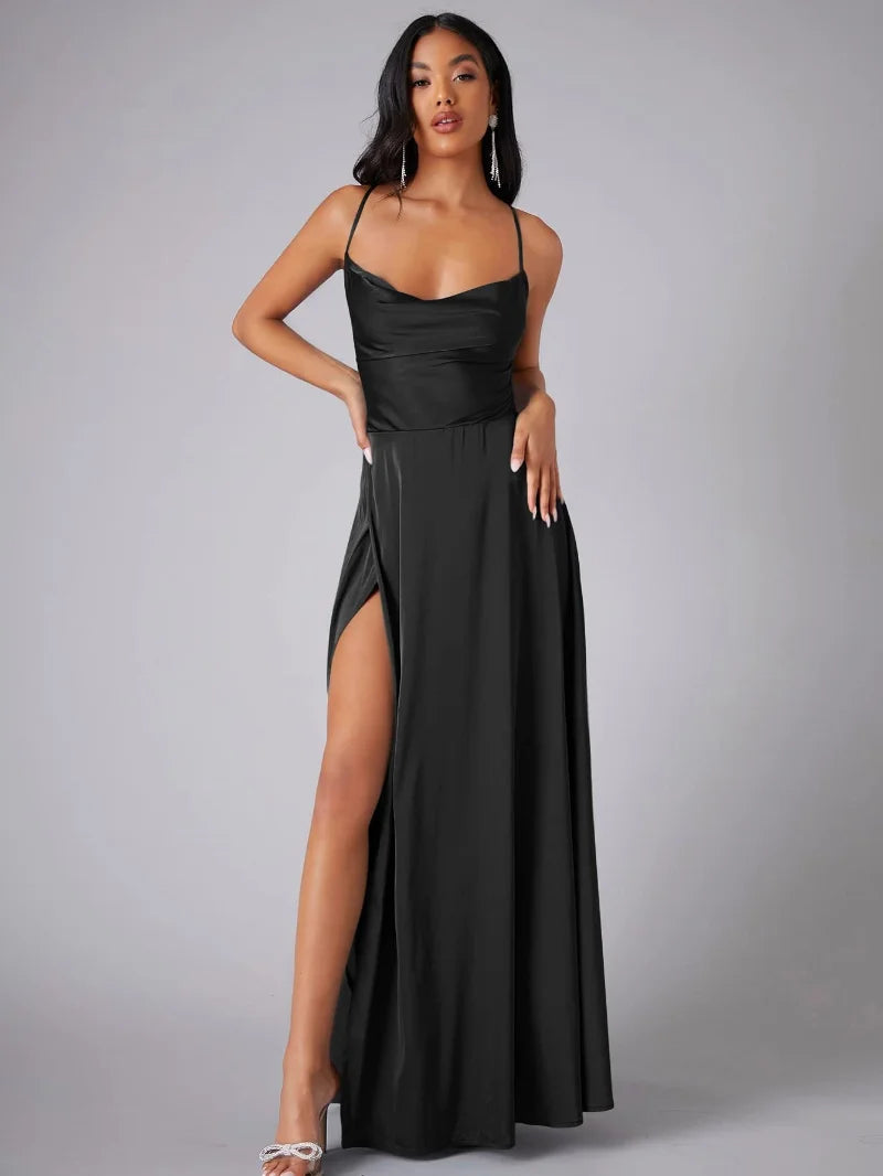 Dacirae Dress | Satin Slit Maxi Dress with Draped Neckline and Spaghetti Straps