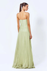 Cevira Maxi Dress | Strapless Sage Green Pleated Maxi Dress with Fitted Bodice
