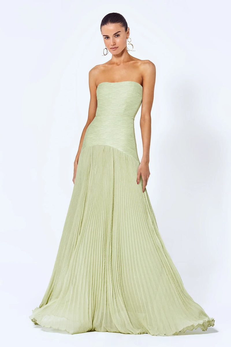 Cevira Maxi Dress | Strapless Sage Green Pleated Maxi Dress with Fitted Bodice