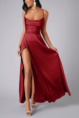 Dacelyn Satin Dress | Cowl Neck Spaghetti Strap Maxi Dress with Thigh-High Slit
