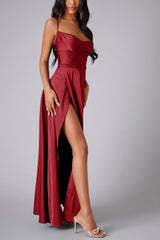 Dacelyn Satin Dress | Cowl Neck Spaghetti Strap Maxi Dress with Thigh-High Slit
