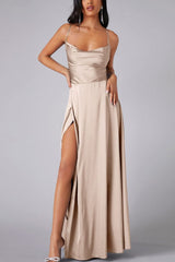 Dacelyn Satin Dress | Cowl Neck Spaghetti Strap Maxi Dress with Thigh-High Slit
