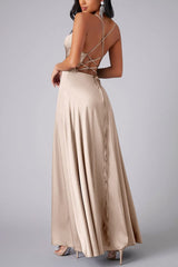 Dacelyn Satin Dress | Cowl Neck Spaghetti Strap Maxi Dress with Thigh-High Slit