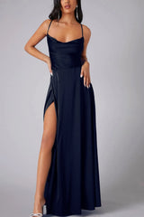 Dacelyn Satin Dress | Cowl Neck Spaghetti Strap Maxi Dress with Thigh-High Slit
