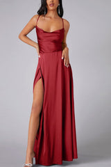 Dacelyn Satin Dress | Cowl Neck Spaghetti Strap Maxi Dress with Thigh-High Slit