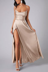 Dacelyn Satin Dress | Cowl Neck Spaghetti Strap Maxi Dress with Thigh-High Slit
