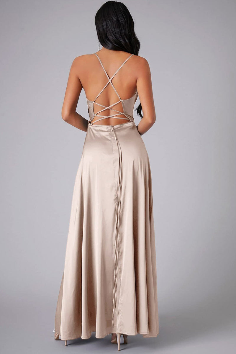 Dacelyn Satin Dress | Cowl Neck Spaghetti Strap Maxi Dress with Thigh-High Slit