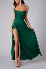 Dacelyn Satin Dress | Cowl Neck Spaghetti Strap Maxi Dress with Thigh-High Slit